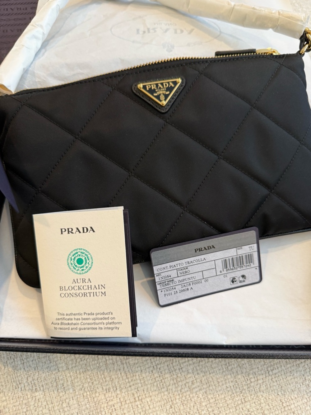 Prada Black Quilted Re-Nylon Clutch with Gold Chain - Picture 8 of 10